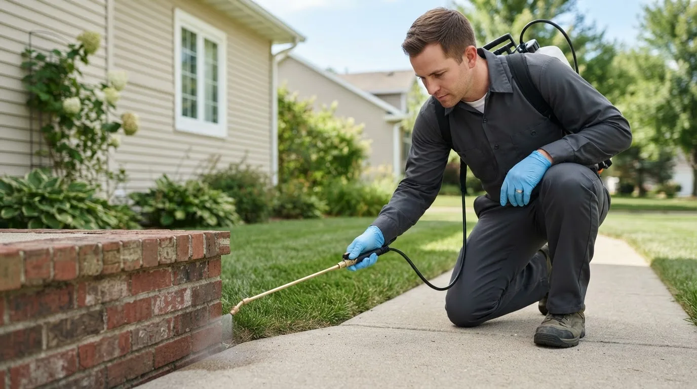 Pest control technician treating a home near Prue, OK